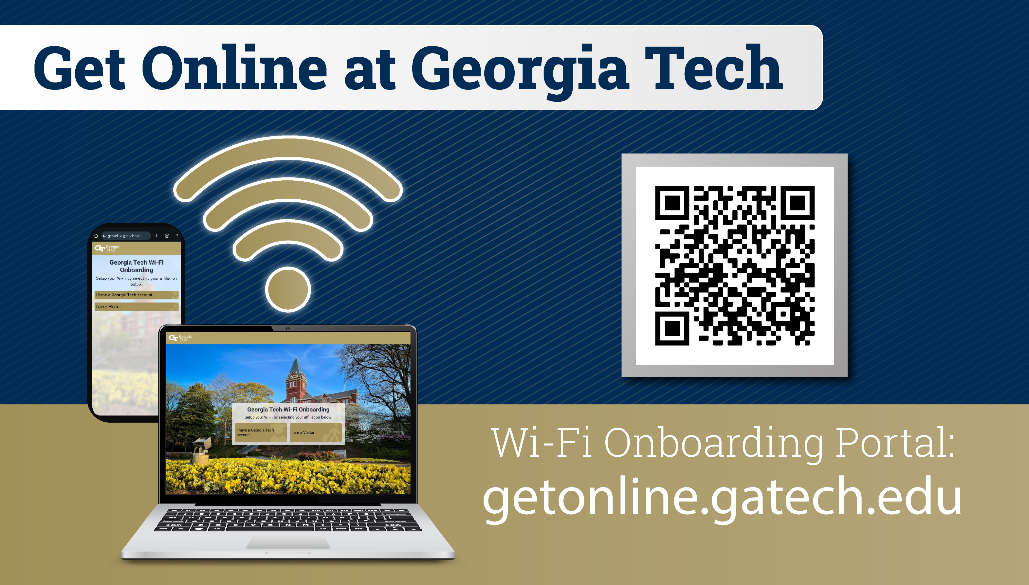 Graphic with computer and mobile phone showcasing the Georgia Tech Wi-Fi Onboarding site.